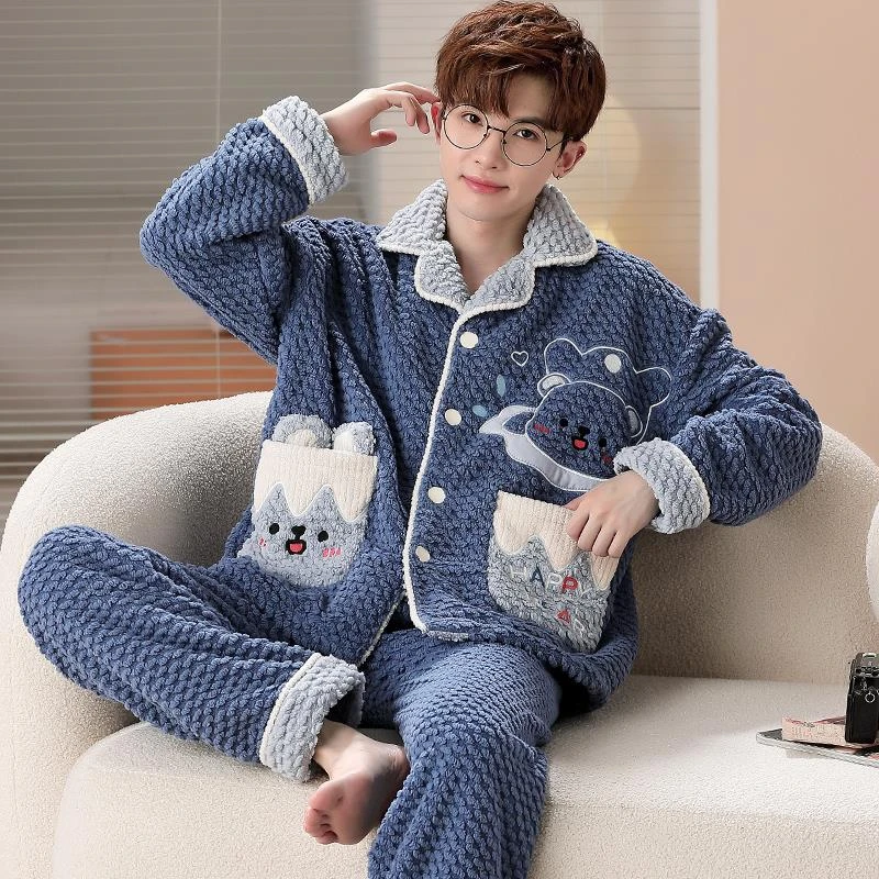高中学生睡衣男孩珊瑚绒加厚加绒款冬季卡通开衫青少年家居服男士