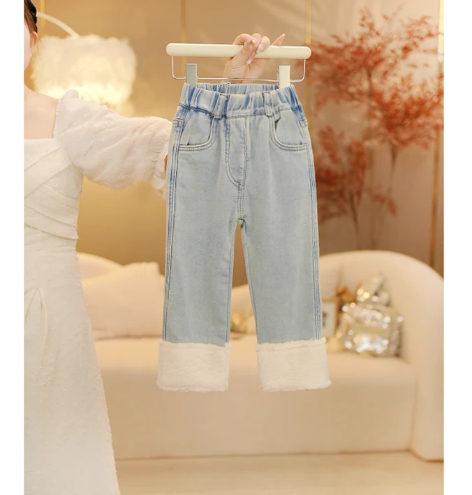 女童加绒洋气直筒牛仔裤儿童秋冬保暖裤