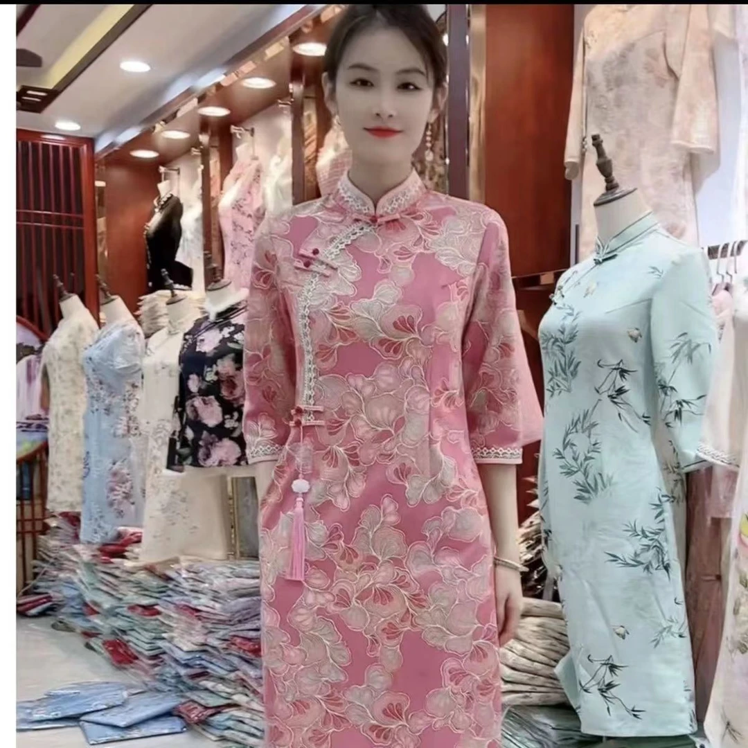 虞美人-烫金A版改良带口袋时尚大码遮肚子显瘦修身旗袍（M-5XL)