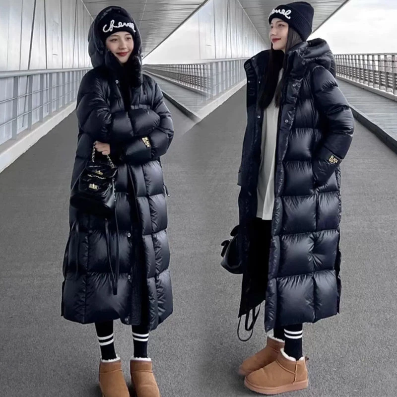 艾莱依新款黑金羽绒羽绒服长款加厚过膝过膝男女情侣款黑色亮面免