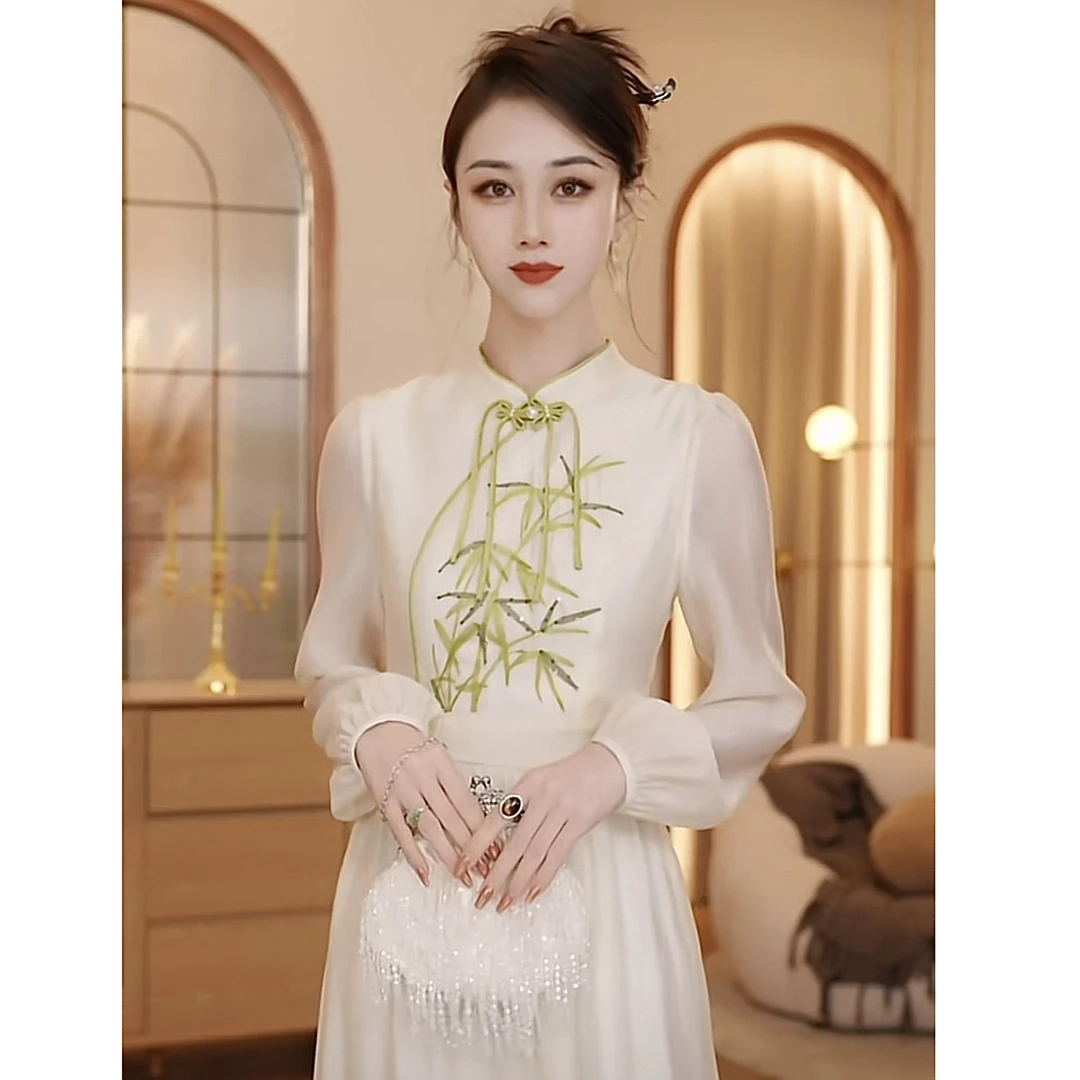 【梦梦&GERTCOREL】天青谷雨 新中式竹叶青刺绣连衣裙CC241L1035