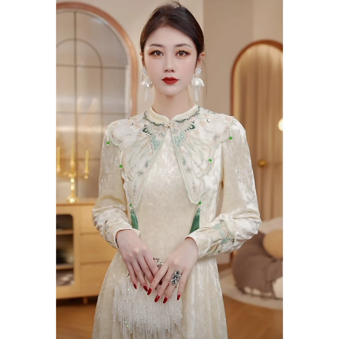 【BOBO】蓝色诗篇 丝绒彩绣可脱卸云肩连衣裙CC244L1086