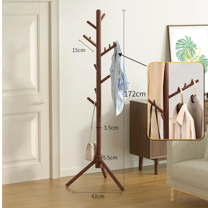 【迎客胡桃三角衣帽架】榉木胡桃色衣帽架全实木落地原木色衣服架北