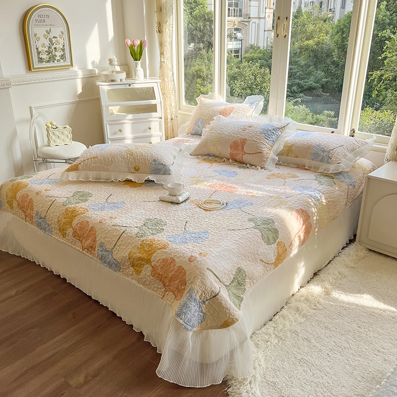 纯棉加厚床盖四件套绗缝防滑床单三件套公主风夹棉双人单人床1.8m