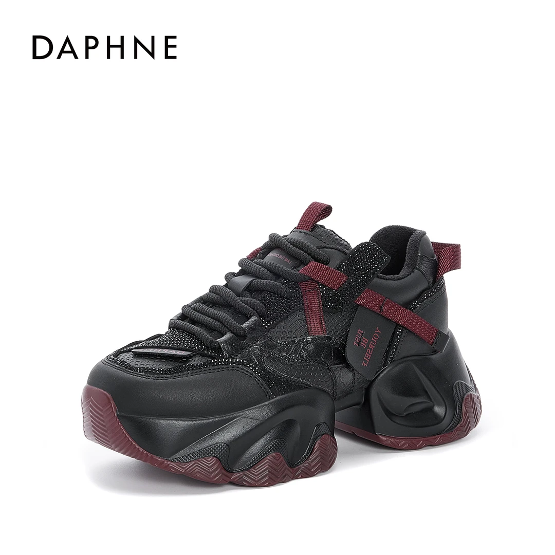 达芙妮2025年冬季新品时尚百搭加绒加厚厚底增高系带老爹鞋