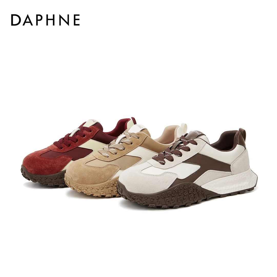 达芙妮休闲百搭女鞋秋季厚底拼色系带时尚舒适复古潮流低帮板鞋