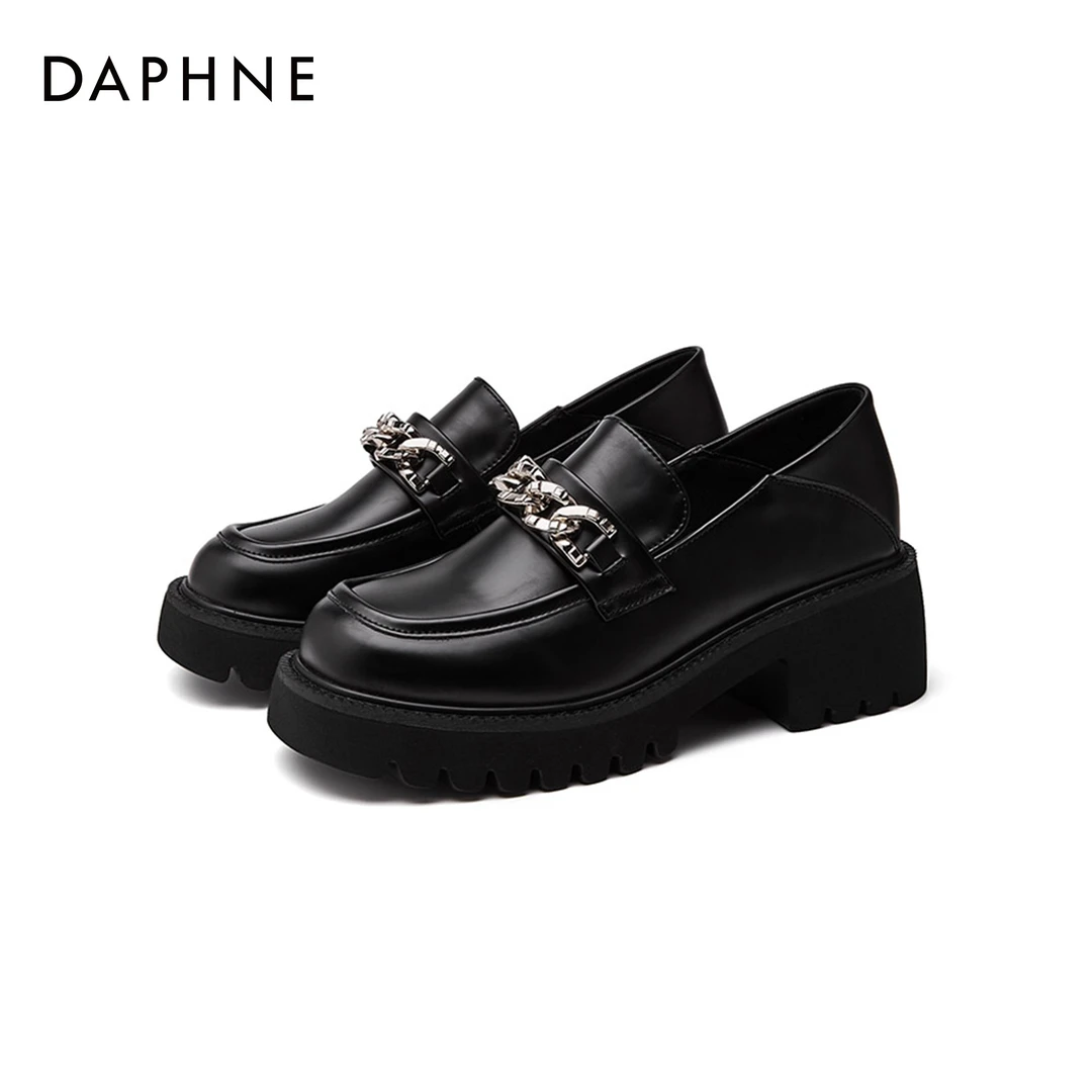 Daphne/达芙妮英伦风乐福鞋女新款爆款春秋厚底黑色小皮鞋女