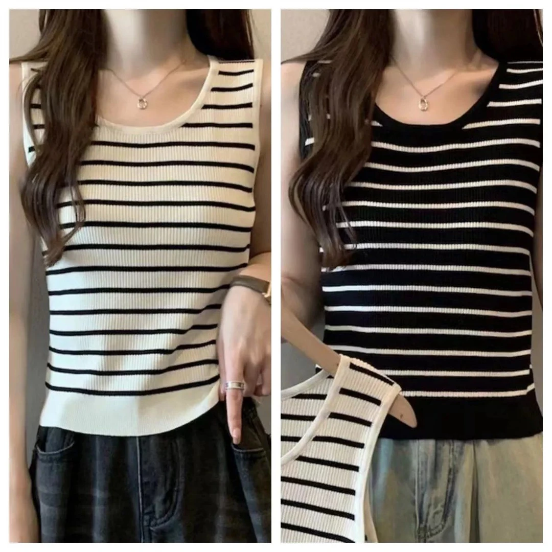 【特价两件装】大码条纹吊带背心女内春夏2024新款遮肚显针织打底