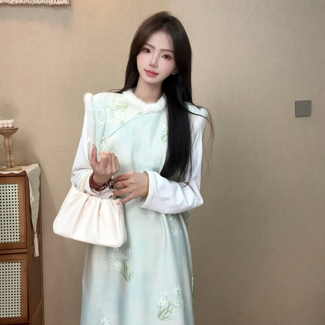 艺润家【兰花草无袖加绒】新中式宽松连衣裙长裙子冬季国风复古印花