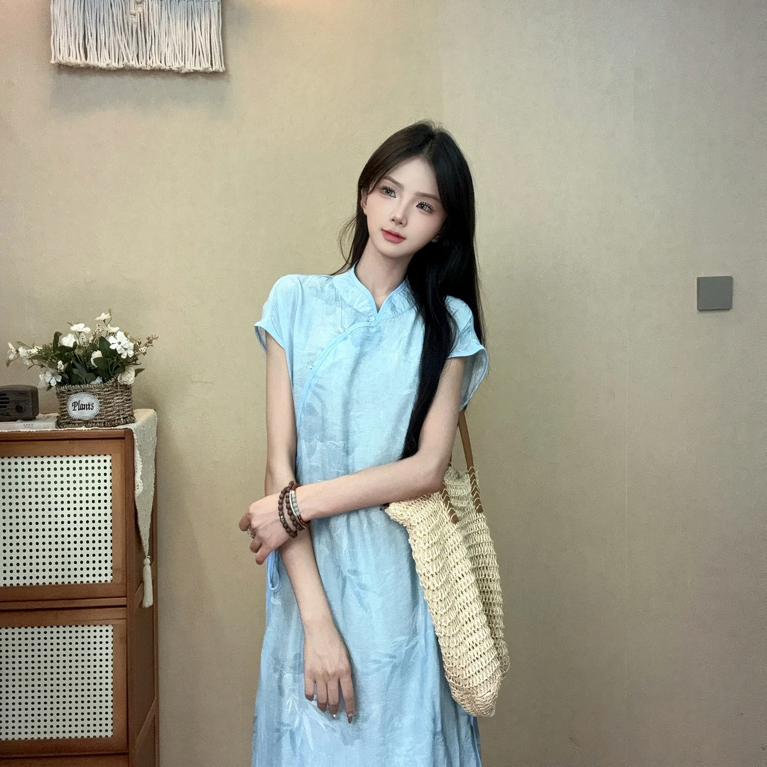 艺润家【蓝竹】国风宽松连衣裙新中式系带长裙子夏季中国风原创