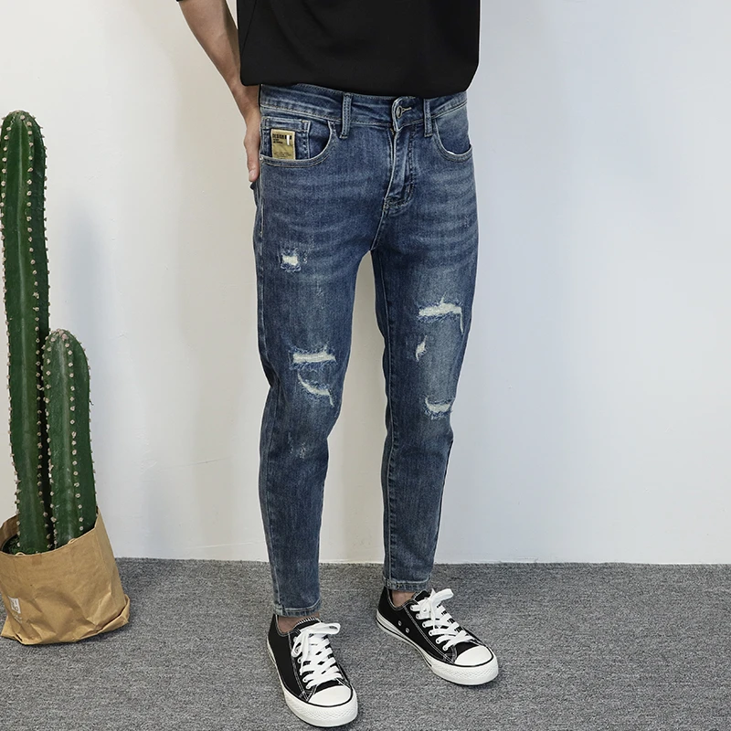 破洞牛仔裤蓝色九分裤男2025春季新款高端潮牌修身小脚裤时尚弹力
