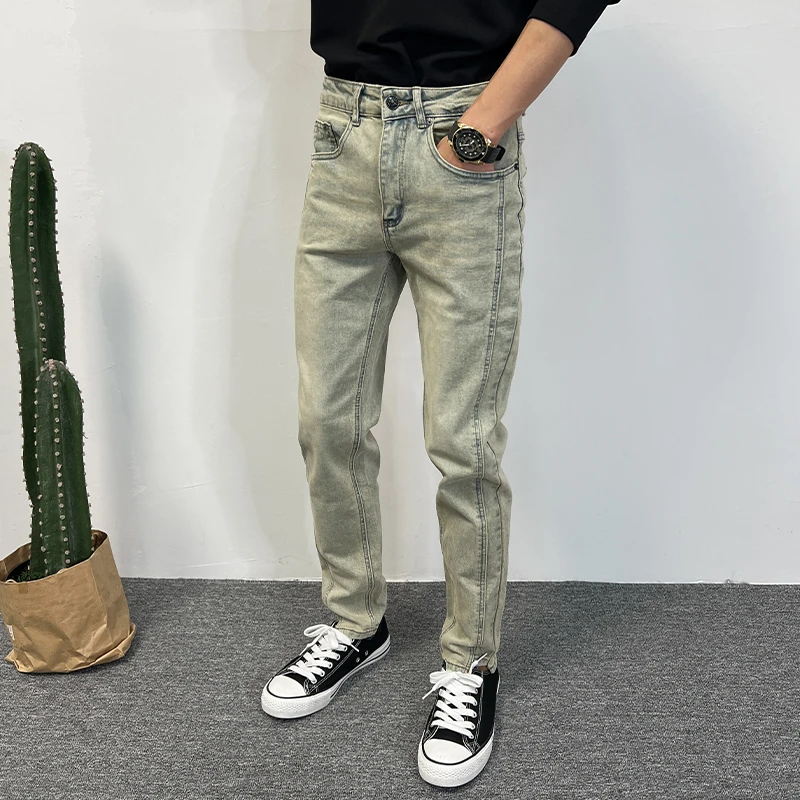 复古牛仔裤男美式潮牌裤子2025春季拼接个性修身长裤黄泥色潮流行