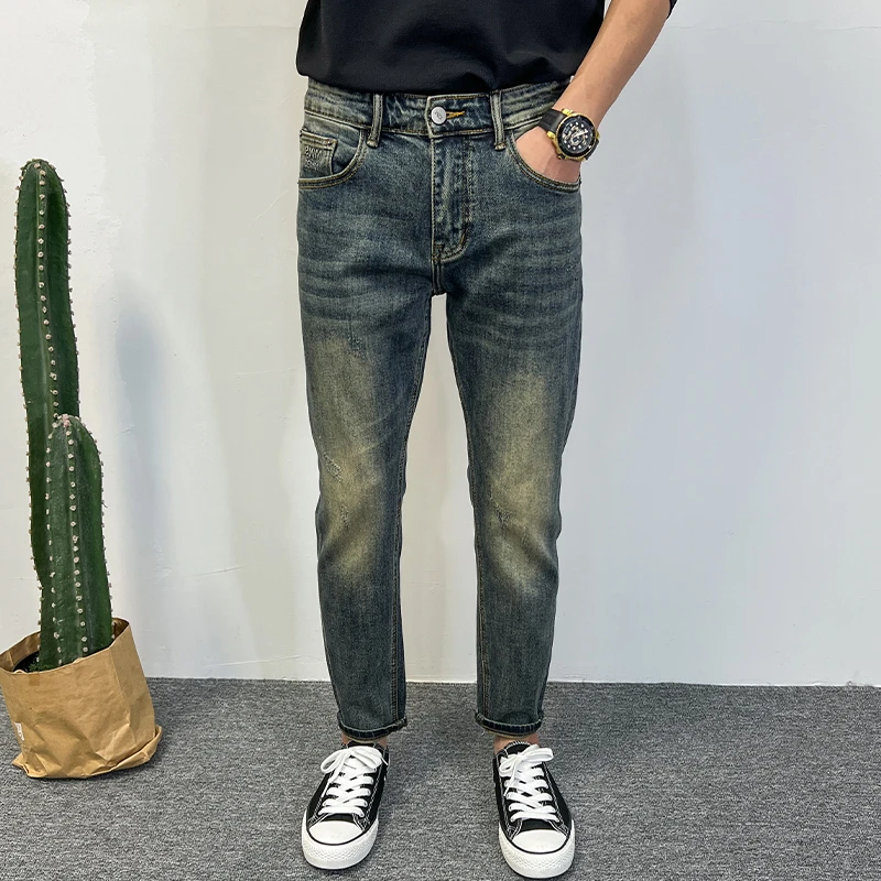 2024秋季蓝色简约百搭韩版水洗流行长裤牛仔裤男修身小脚微弹裤子