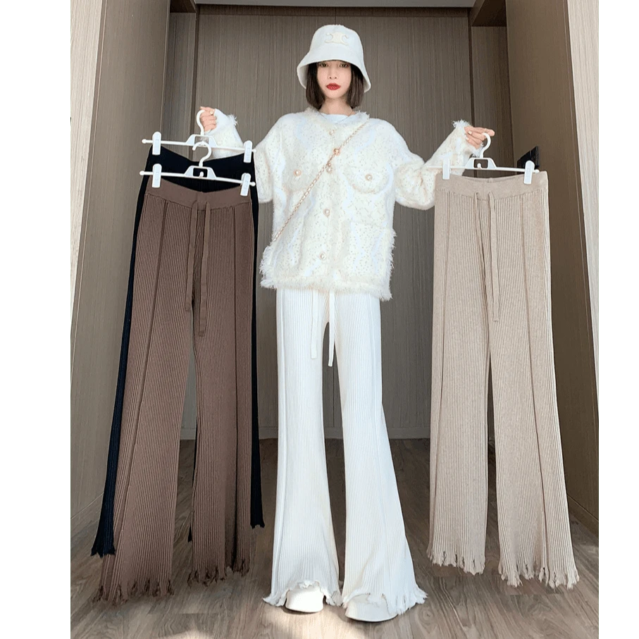 2024加厚软糯杏色流苏毛织阔腿裤女高腰松紧抽绳显瘦休闲拖地裤