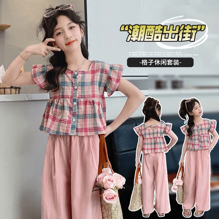 女童娃娃衫短袖套装夏款2024网红洋气格子衬衫女孩阔腿裤两件套潮