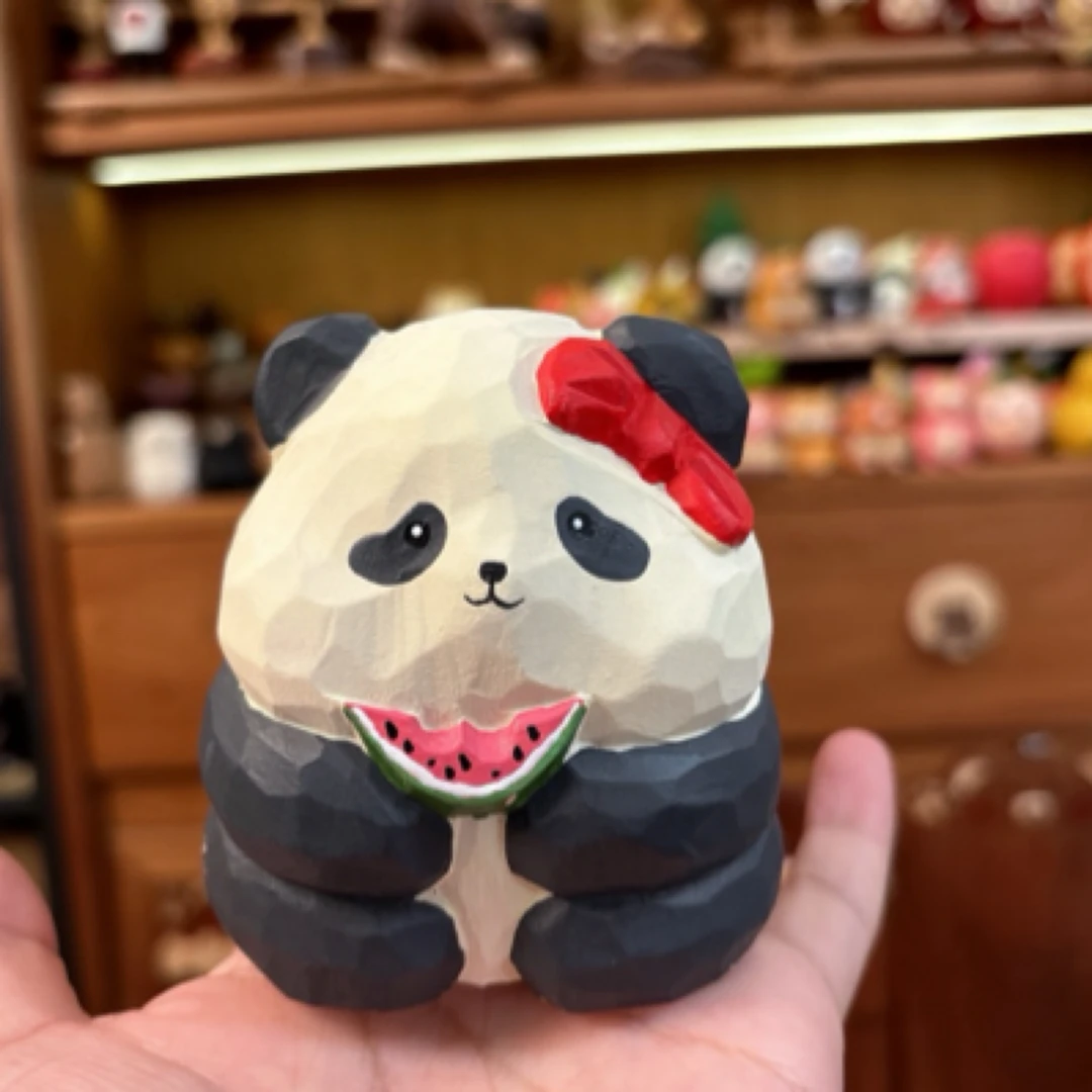 由物喜/熊猫花花手雕摆件