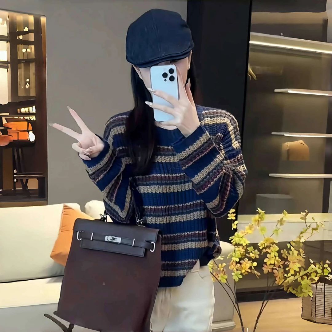 2025早秋季新款复古撞色条纹长袖针织毛衣女秋冬显瘦高级感上衣