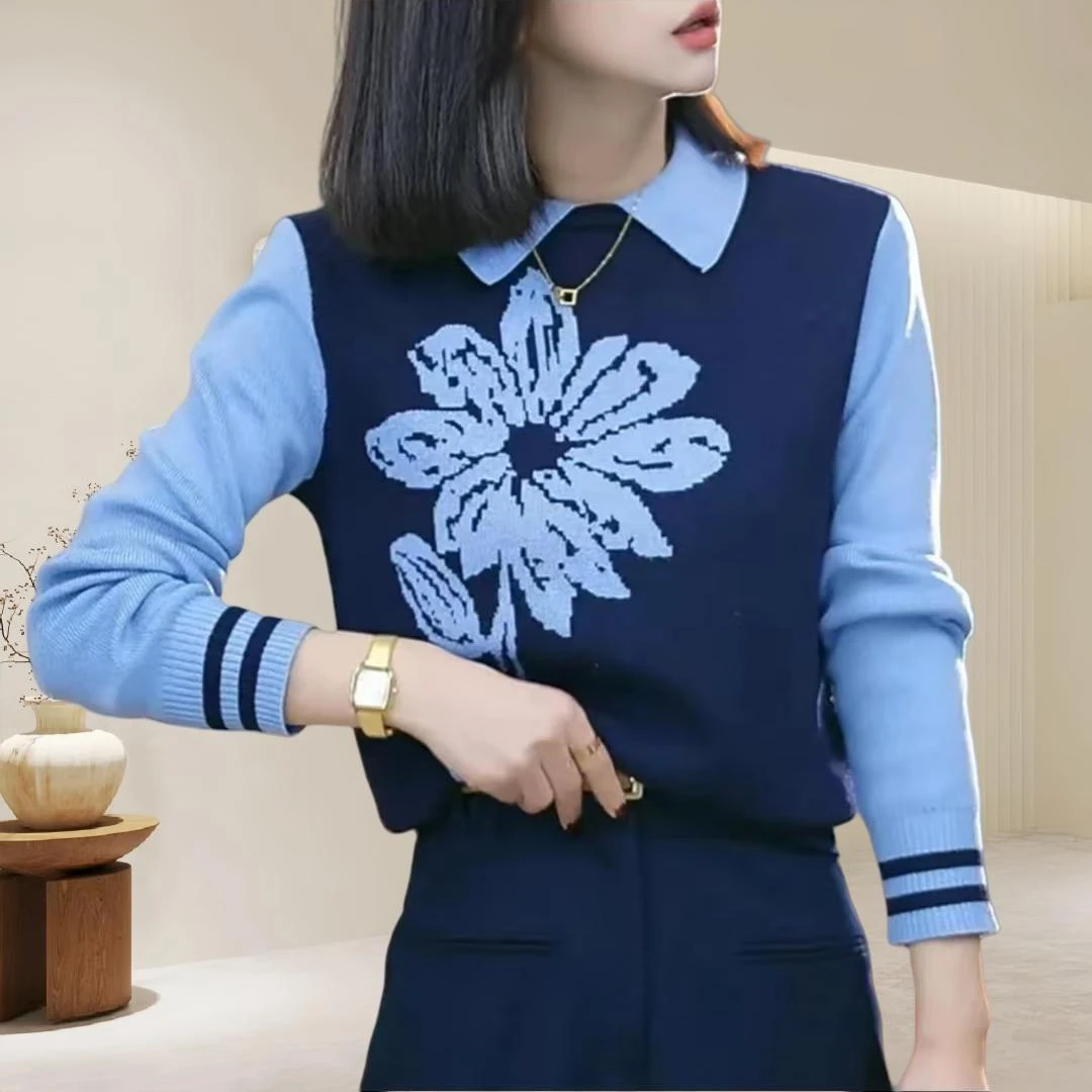 设计感假两件提花撞色长袖针织衫女秋冬时尚显白显瘦百搭上衣0107
