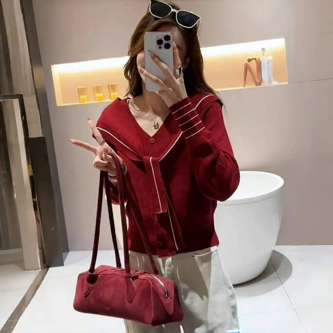 高级感拼色海军领披肩毛针织衫女秋冬季洋气减龄时髦百搭开衫上衣