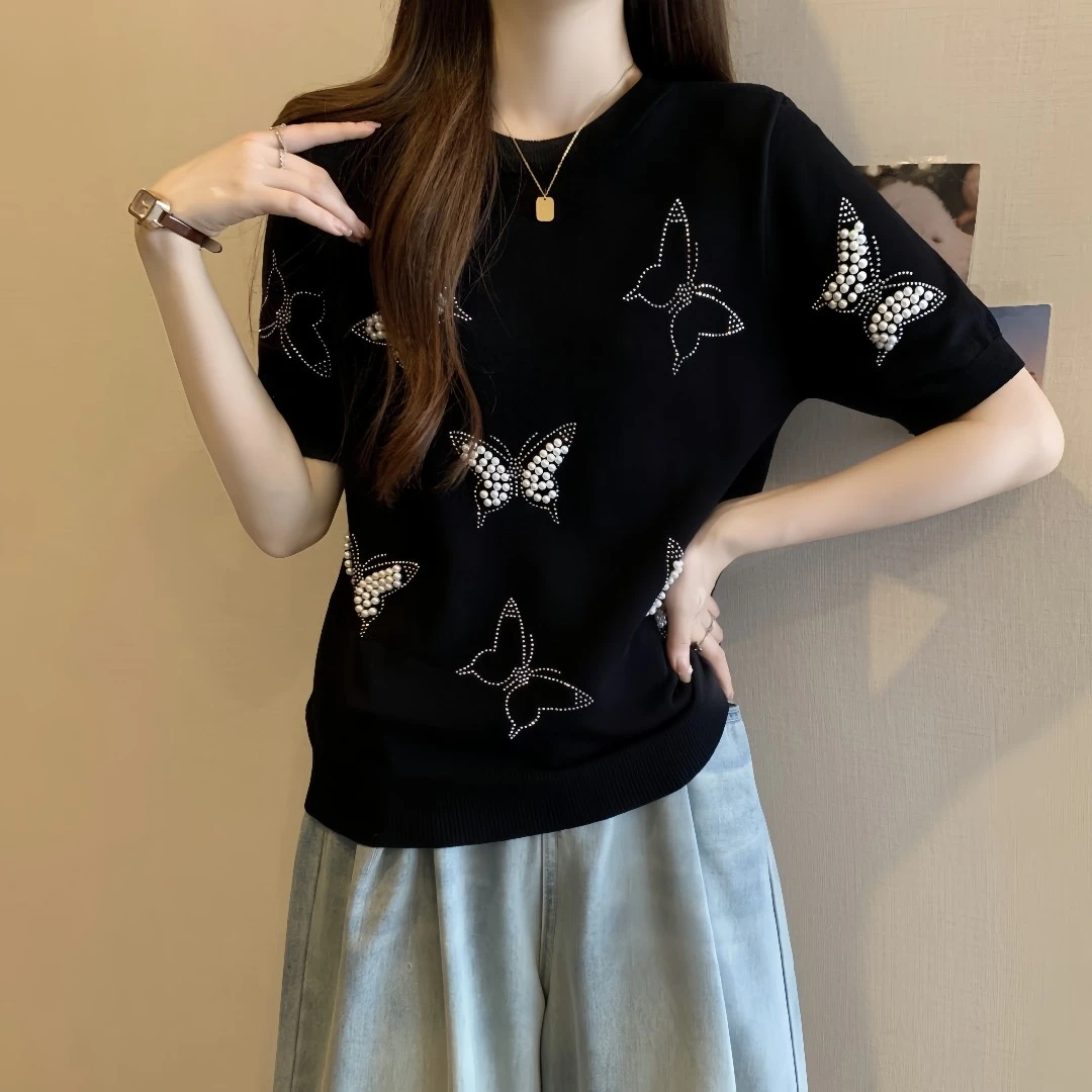 时尚冰丝设计感钉珠蝴蝶短袖T恤女夏季圆领显瘦百搭针织上衣0019
