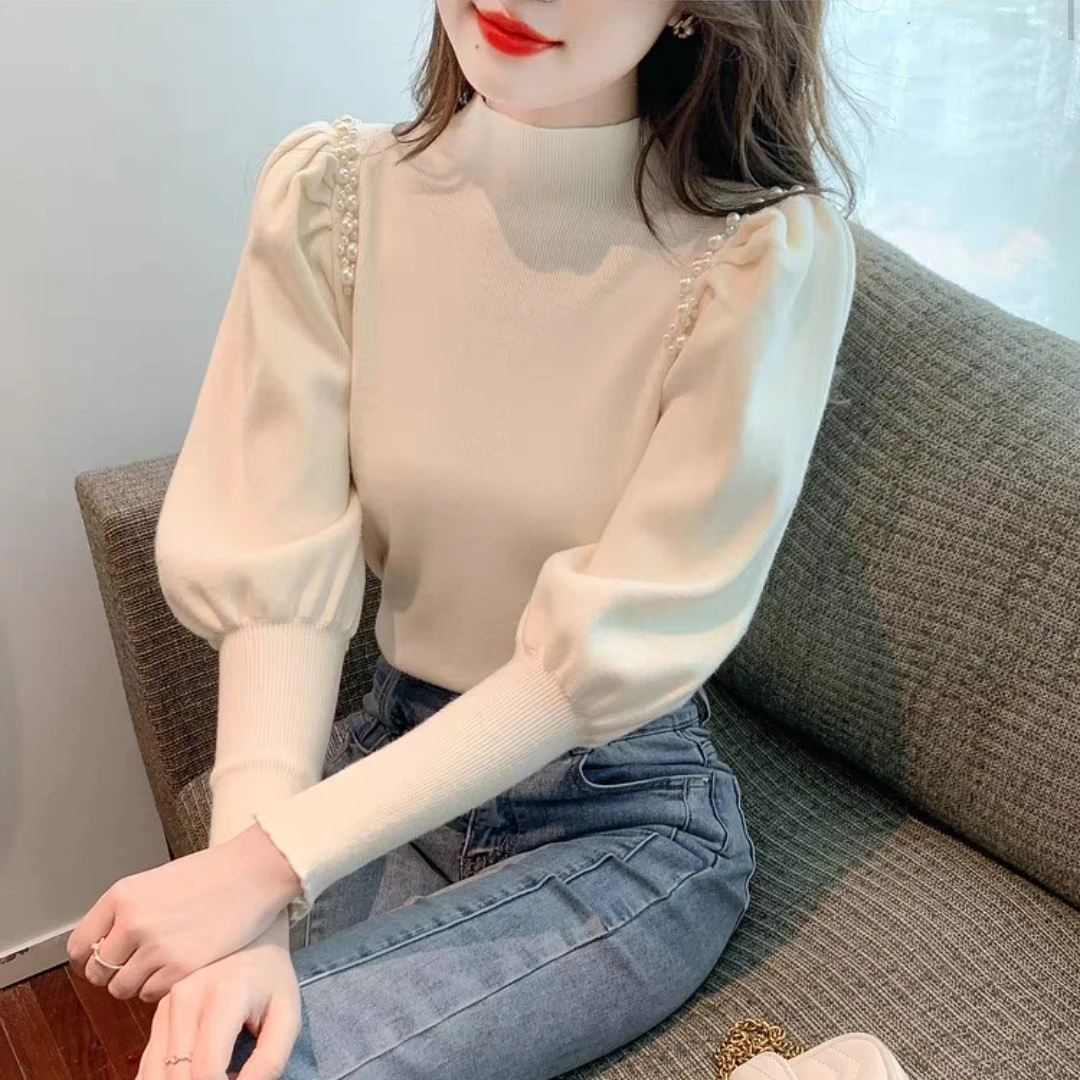 高级感法式灯笼袖半高领针织打底衫秋冬新款长袖内搭显瘦百搭上衣