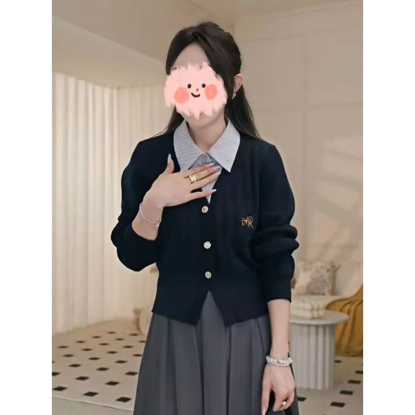 早秋时尚洋气高级感设计小众拼接撞色学院风假两件POLO领针织衫女