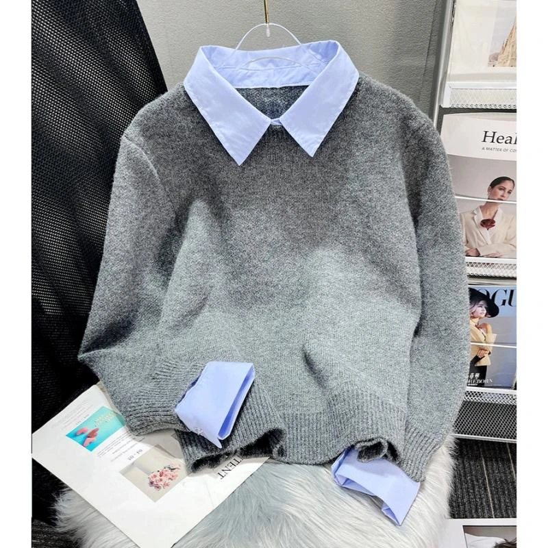 设计感灰色polo领假两件长袖针织衫秋冬撞色内搭休闲显瘦上衣0258