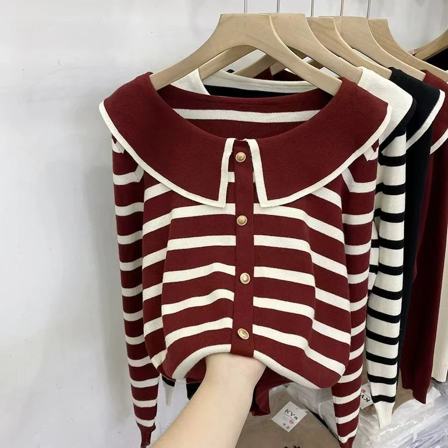 撞色条纹娃娃领长袖针织衫女秋冬时尚学院风软糯毛衣显瘦百搭上衣