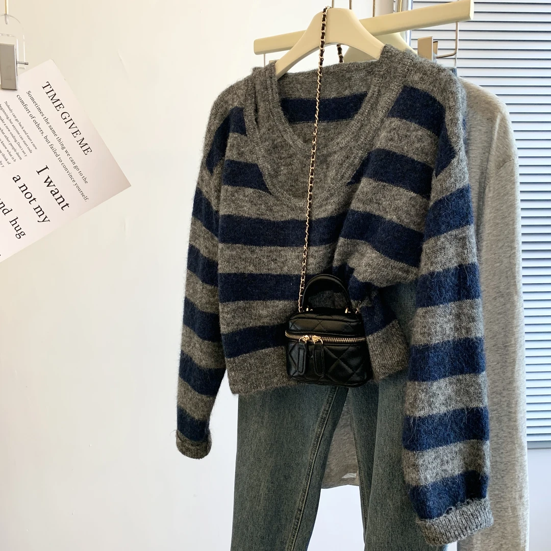 条纹拼接背心假两件长袖针织衫女秋冬软糯宽松慵懒风高级感上衣in