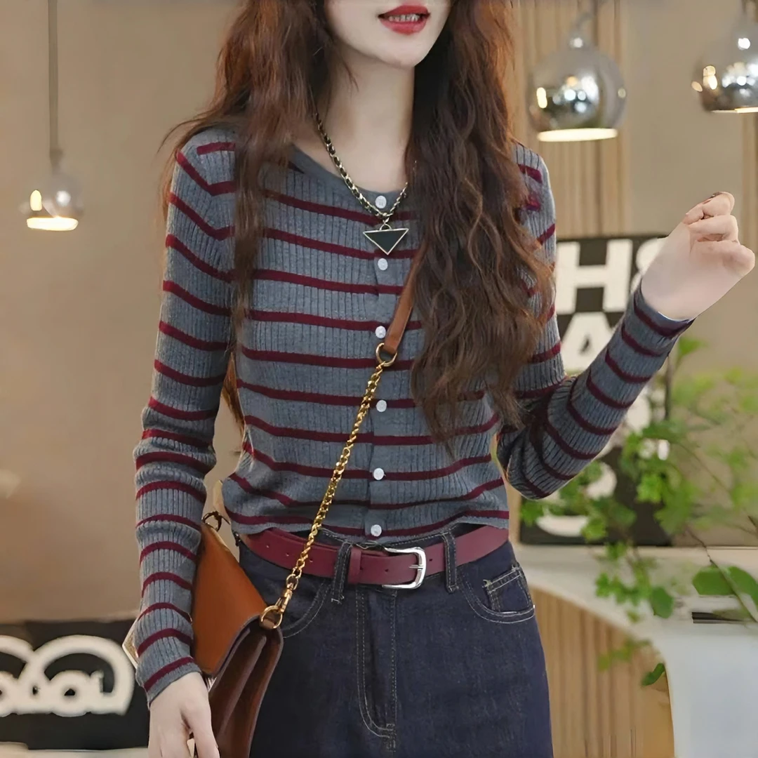 早秋季拼色条纹长袖针织开衫女2025新款时尚外搭洋气显瘦百搭上衣