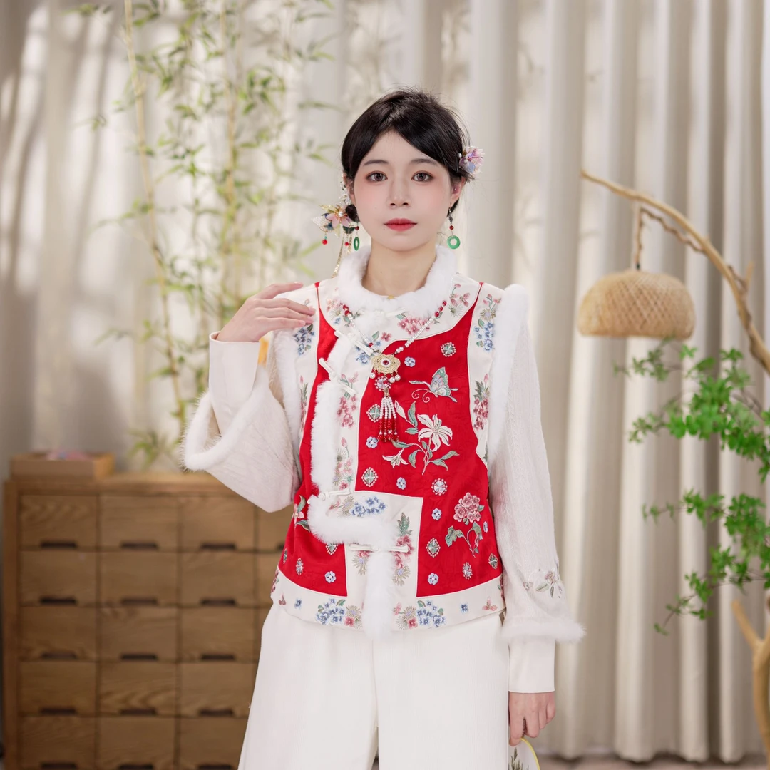 花影  中式日常重工刺绣宽松加棉加厚马甲