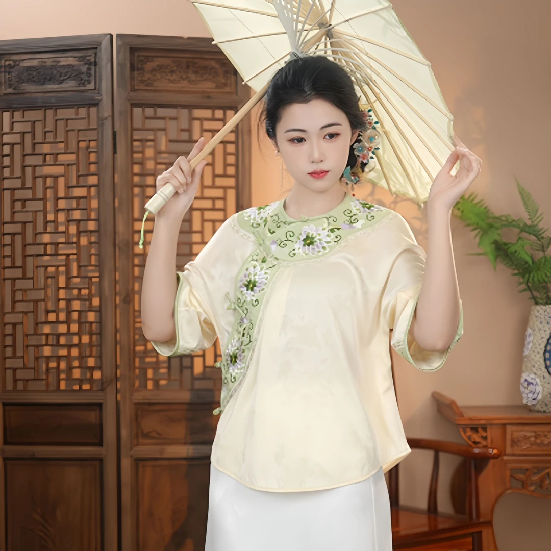 [知妍]2024秋新款桑蚕丝刺绣小衫新中式国风宽松真丝上衣返潮复古