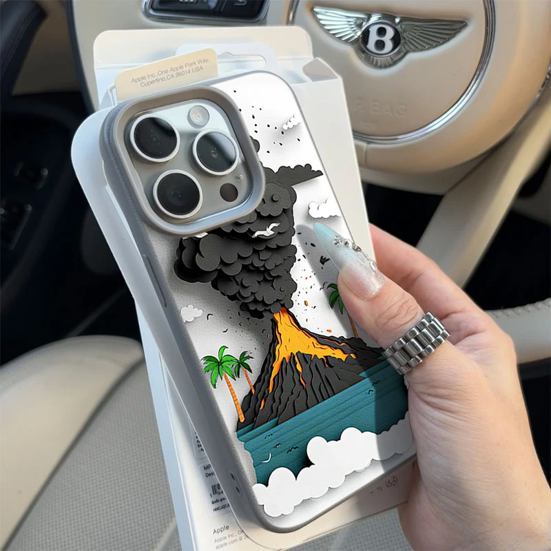 撞色火山喷发适用苹果16p/15手机壳iPhone14promax13荔枝纹12软11