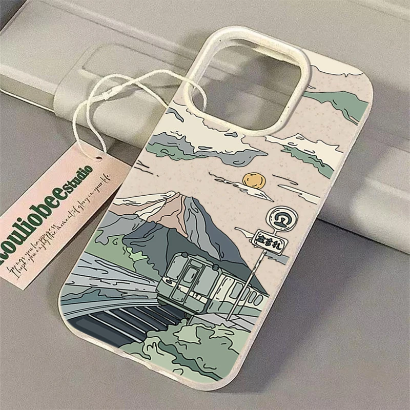 富士山下卡通苹果15手机壳iphone14硅胶13pro小麦12防摔11风景ins