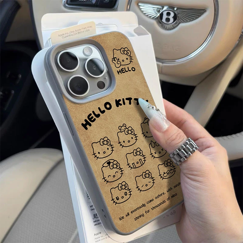 平面美拉德KT猫适用苹果16/15手机壳iPhone14promax13荔枝纹12软