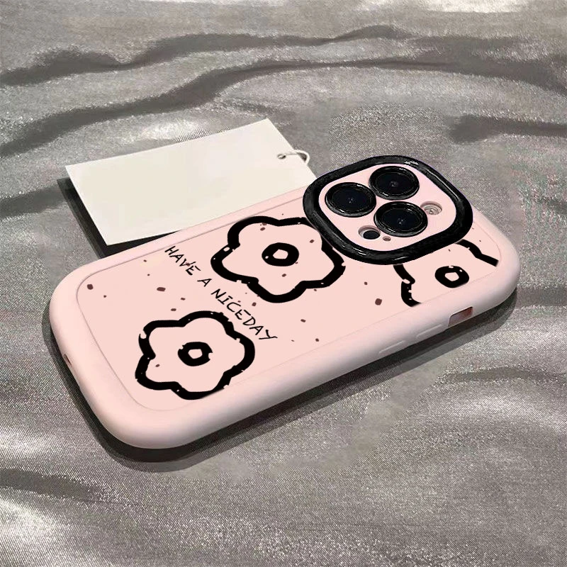 开心线条花朵适用iphone16苹果15promax全包手机壳14泡芙13/12/11