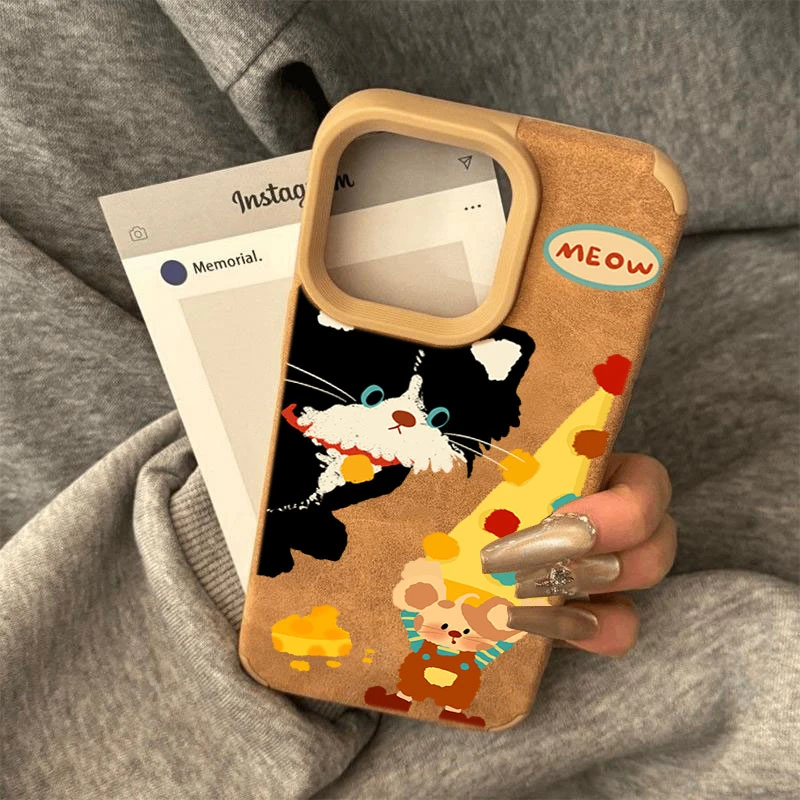 涂鸦波点猫咪适用苹果1615promax手机壳翻毛皮iPhone13冬12/11/14