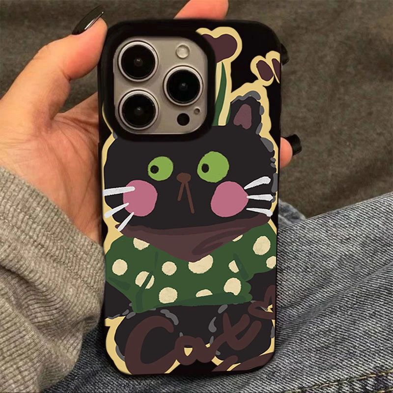 涂鸦黑猫适用苹果15手机壳iphone13亮面14promax新款12软11可爱女