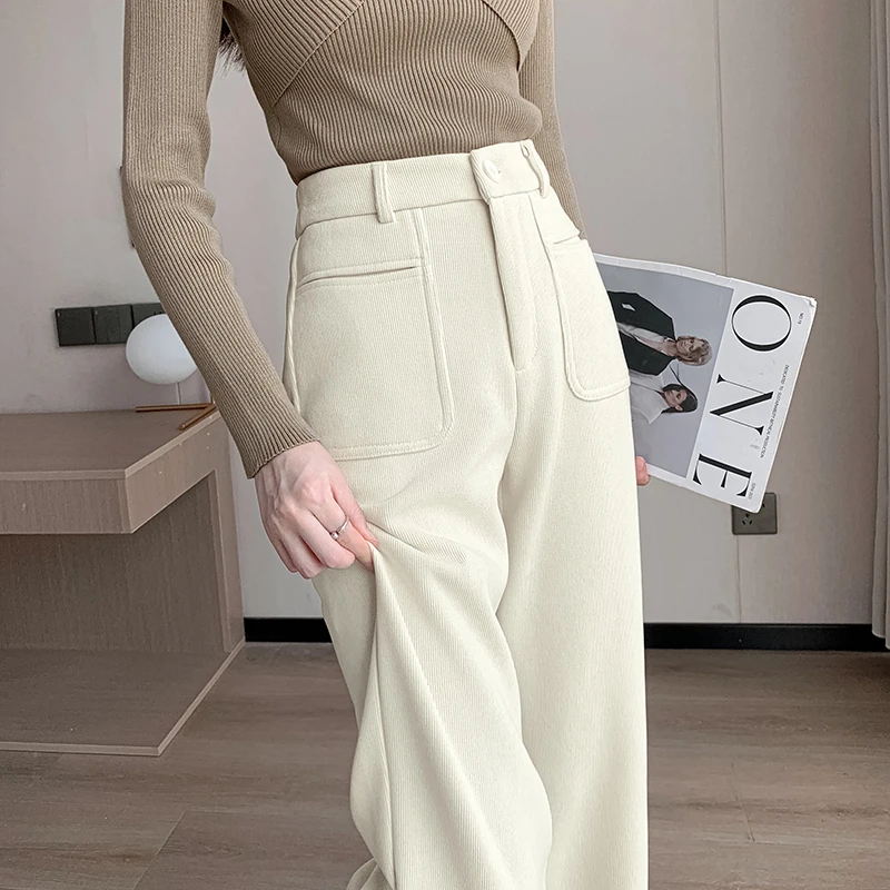2024雪尼尔加厚垂坠感窄版阔腿裤冬季高腰西装裤加绒灯芯绒直筒裤