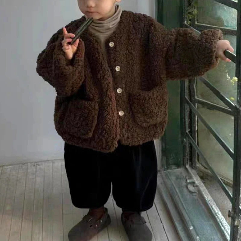 儿童秋冬季毛毛外套男女童冬季保暖加绒上衣D23051