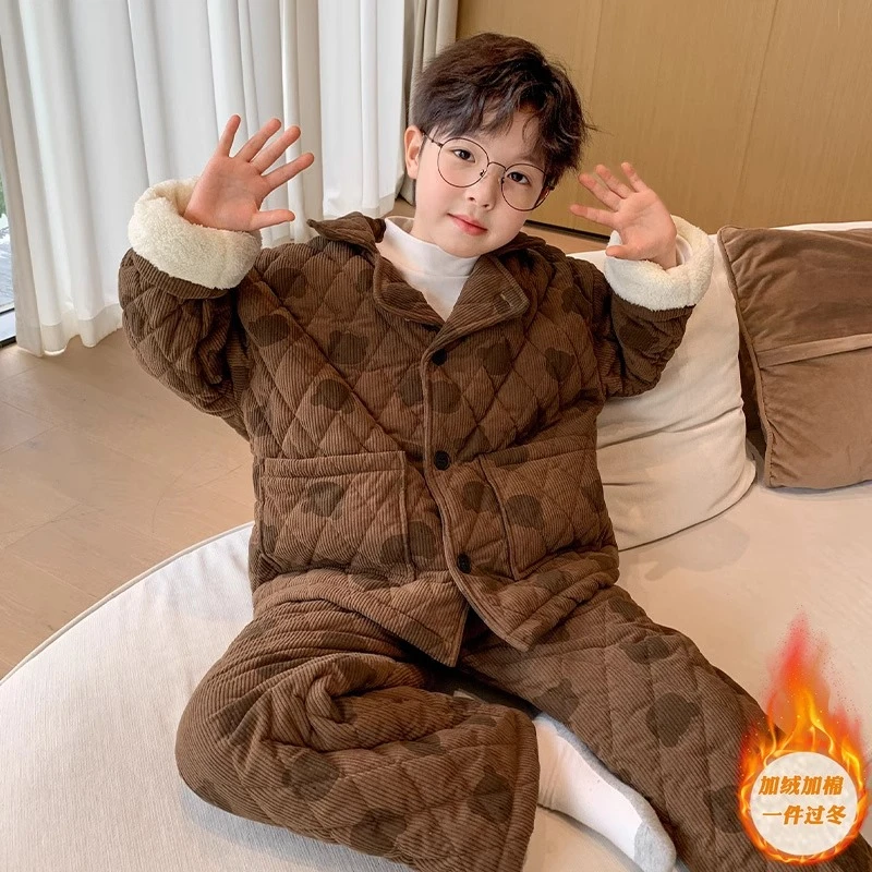 男童加绒睡衣秋冬季2025新款冬装加厚儿童三层夹棉保暖家居服套装