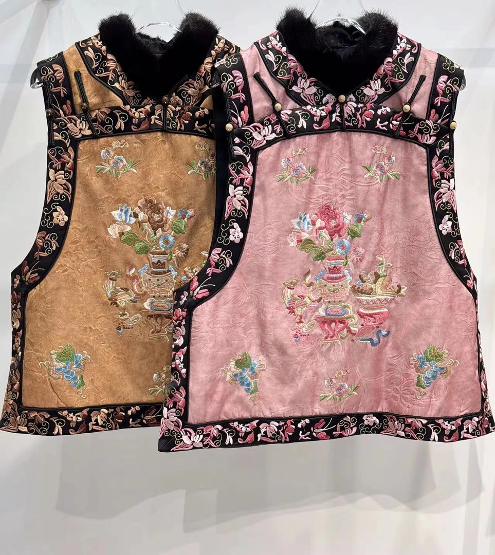 【大小姐】24冬季新款中式国潮风复古十三太保重工刺绣貂毛加厚马甲