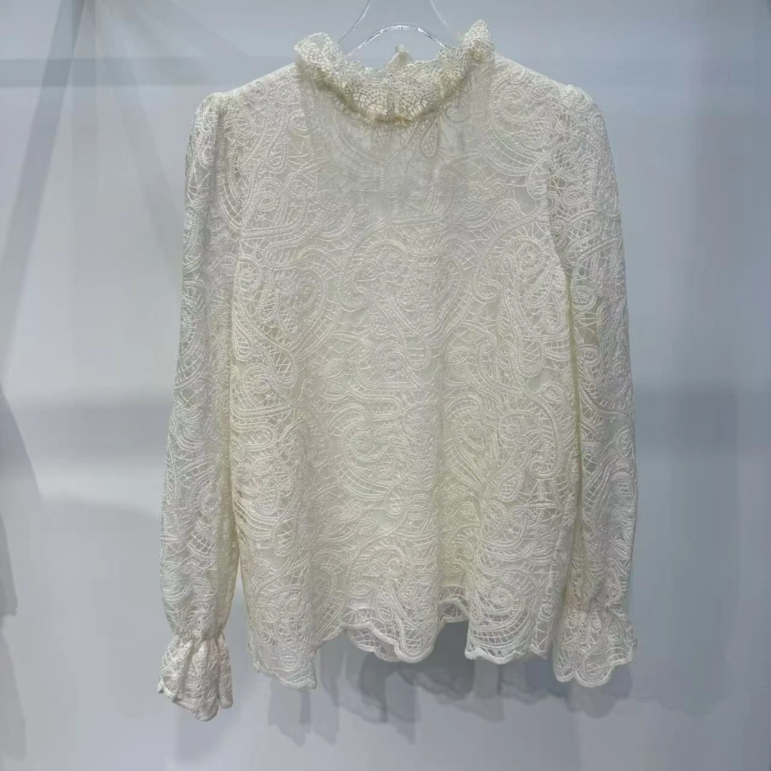 【天使密语】四季新款中式蕾丝镂空纯色时尚百搭法式半高领打底上衣