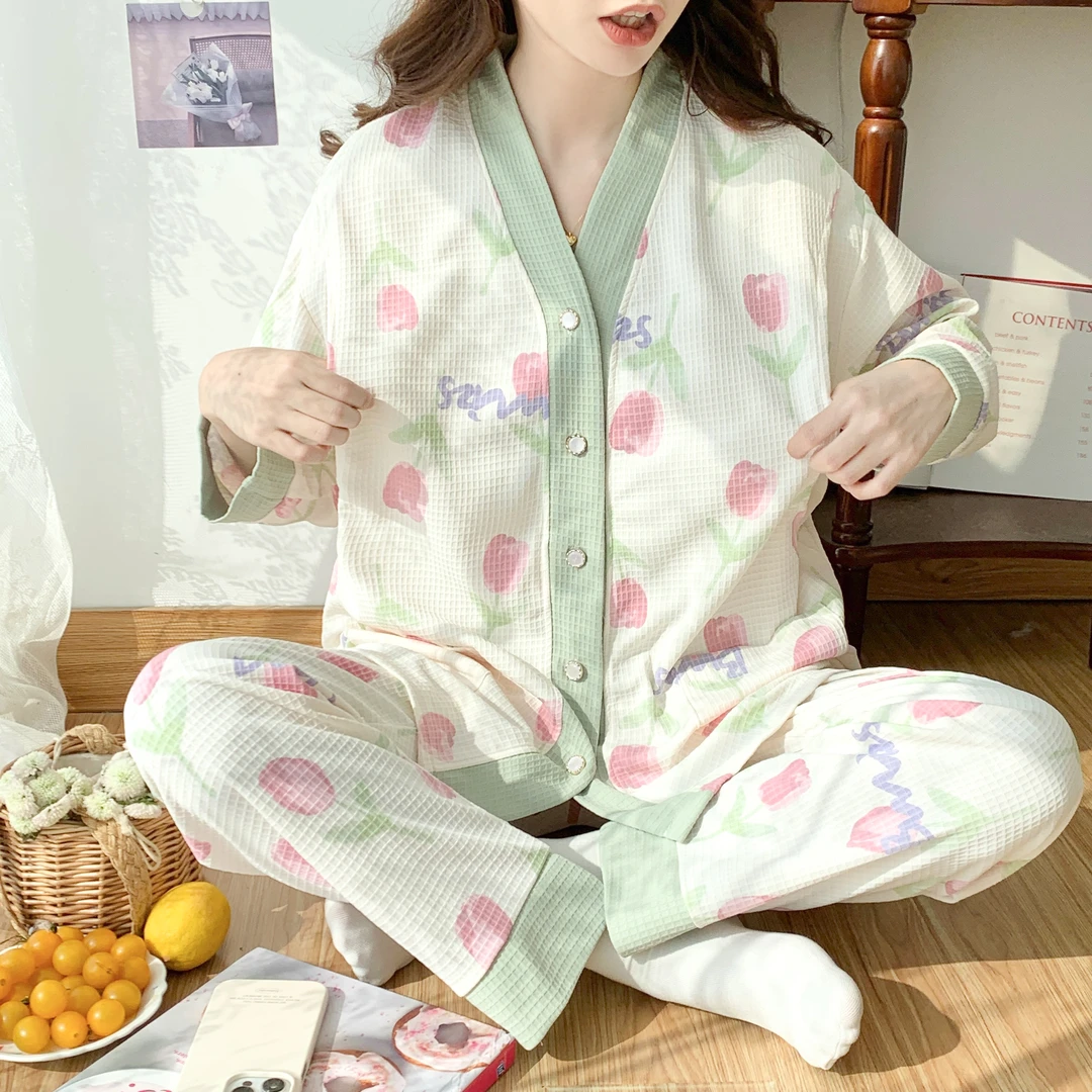 棉质月子服长袖四季款吸汗孕妇产后喂奶产妇哺乳期大码睡衣