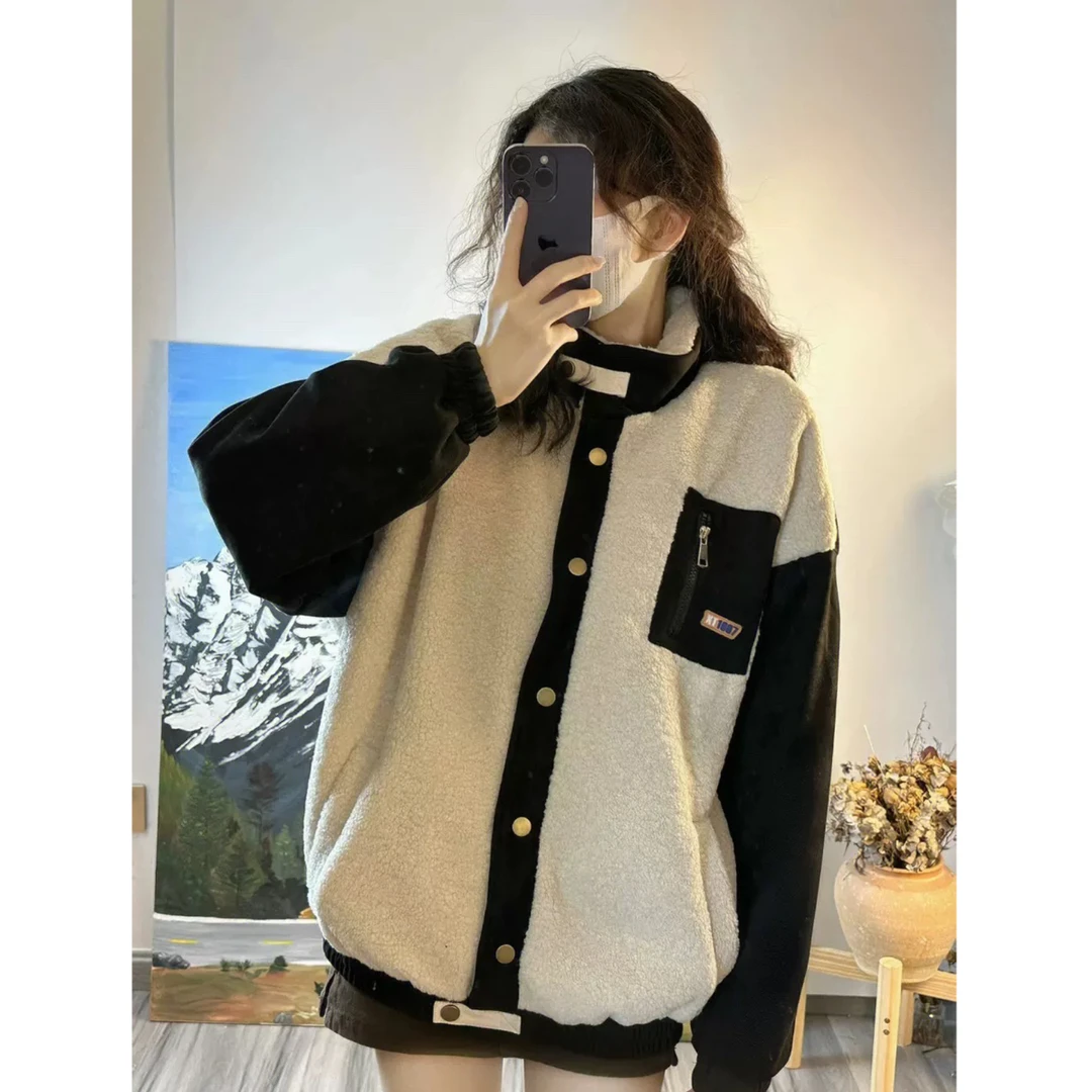 KONITIHA 冬季立领加厚保暖羊羔毛撞色保暖搭子学生棉服外套 3312