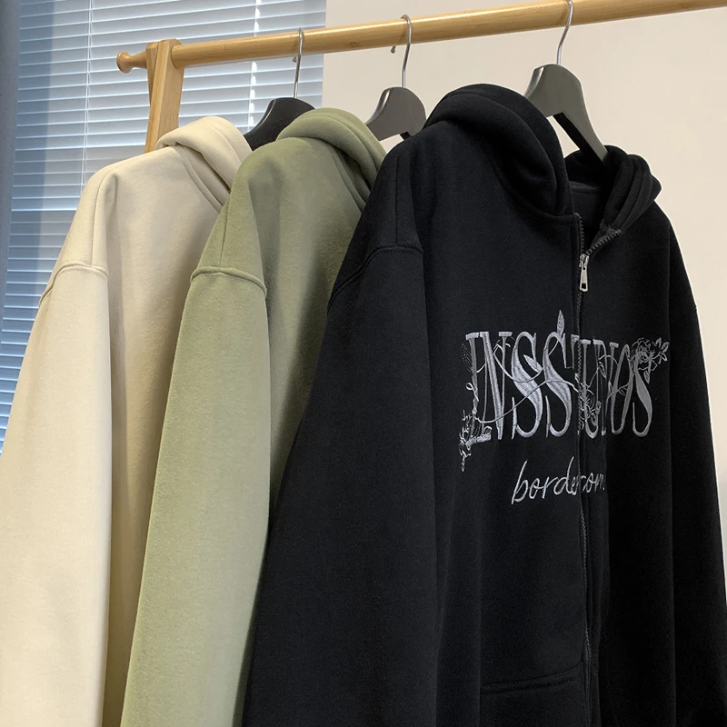 KONITIHA 500g重磅奥粒绒刺绣美式情侣男女宽松连帽开衫卫衣W3337