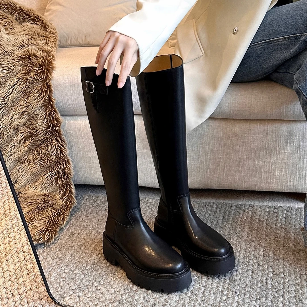 【葡萄妈同款】2024新款厚底粗跟侧拉链不过膝真皮高筒骑士靴女秋冬