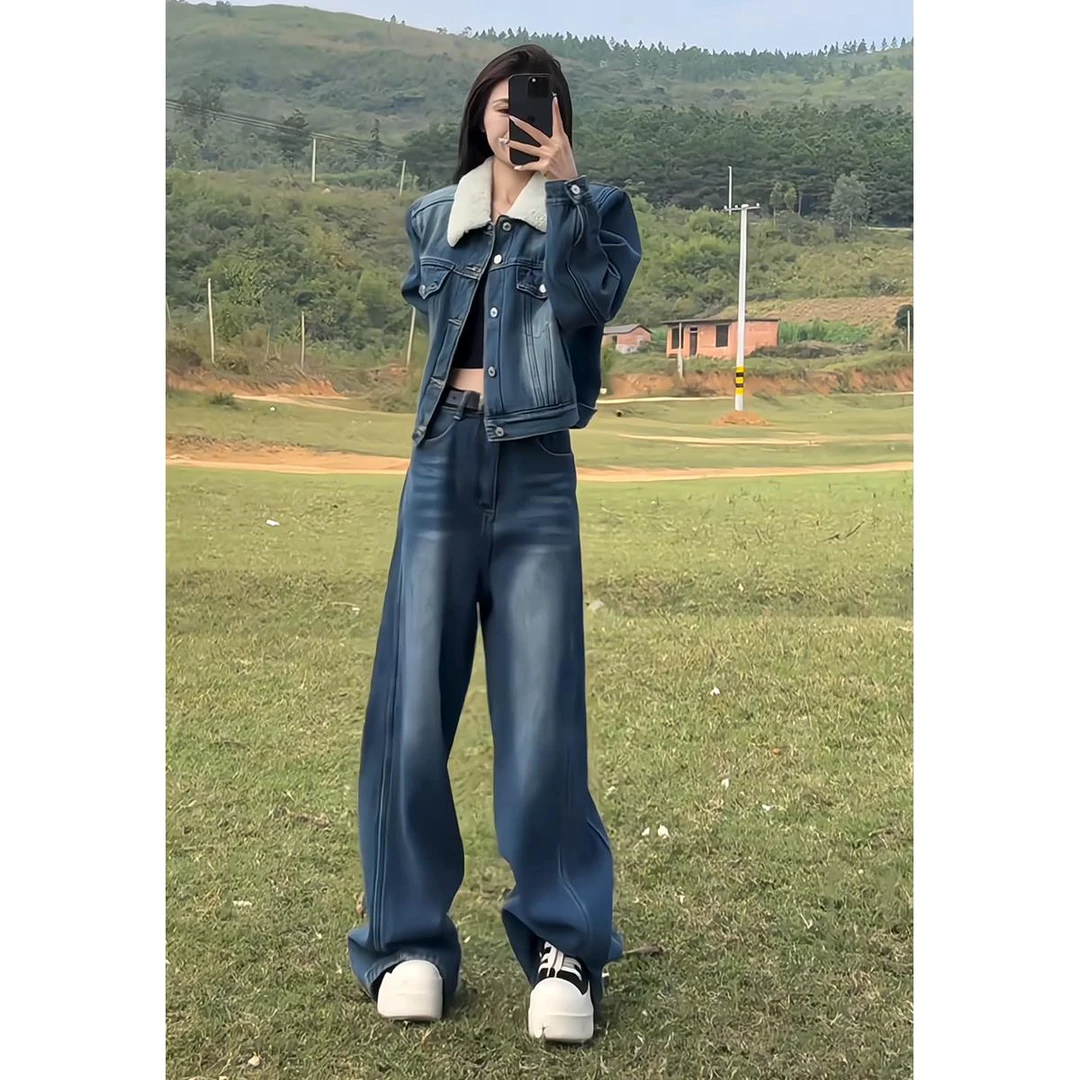 高街美式气质短款加绒加厚牛仔外套+高腰宽松阔腿长裤两件套装女