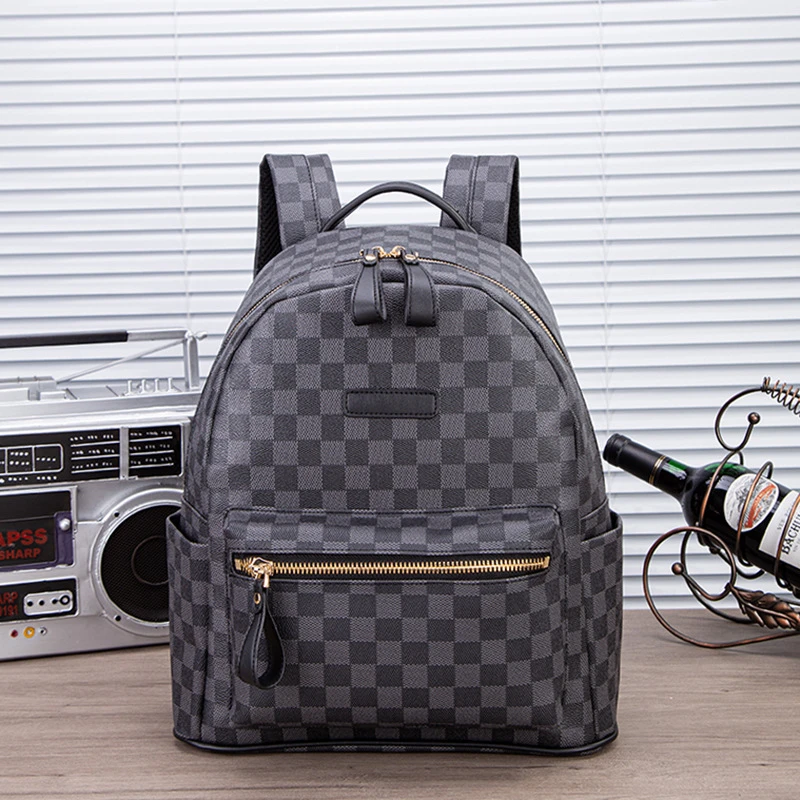 新款男士背包格子图案双肩包大学生书包商务电脑背包