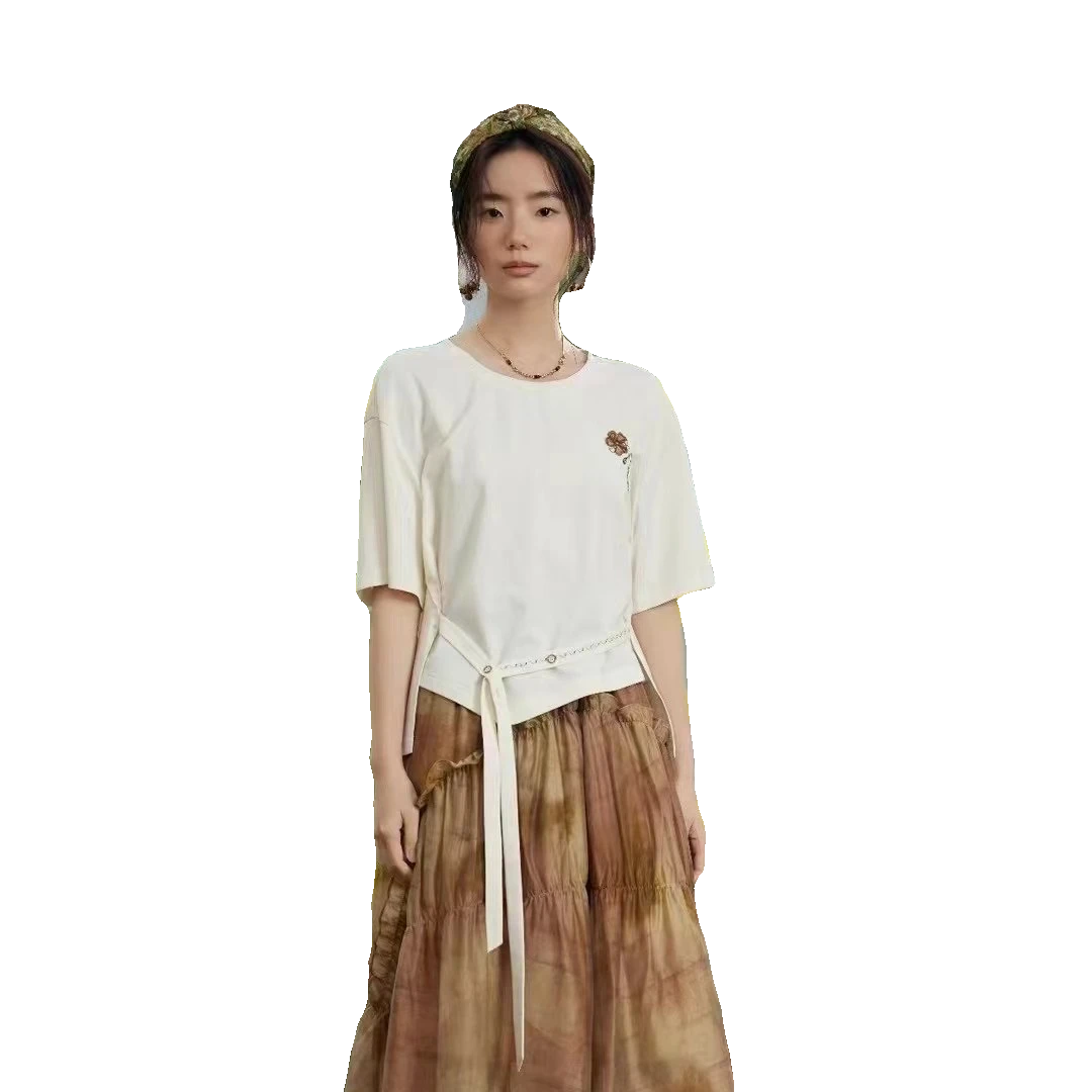 2024夏季新款~【森系】文艺气质 原创设计简约刺绣花朵百搭短袖